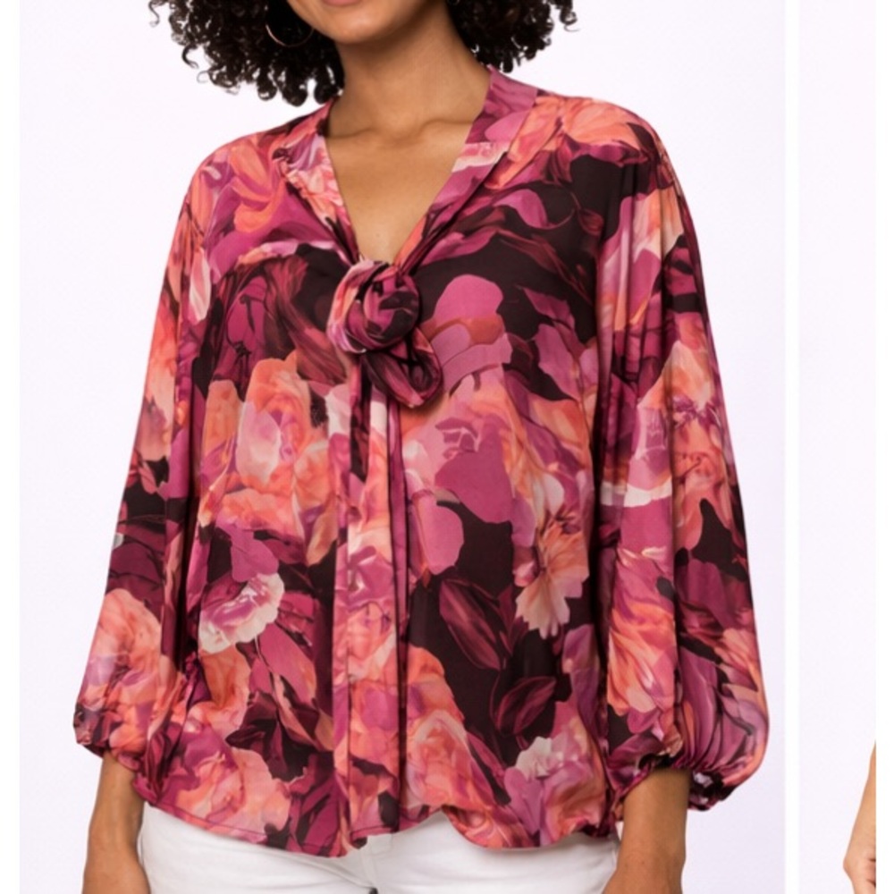 Worthington Pink and Burgundy Floral Tie-Neck Blouse